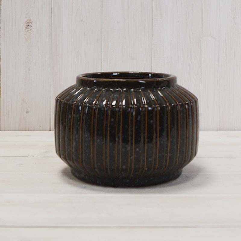 Stripe Glossy Grey Specked Plant Pot